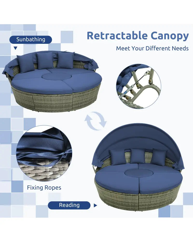 Outdoor PE Wicker Round Daybed with Retractable Canopy and Cushions-Navy - Navy - Outdoor Sectionals