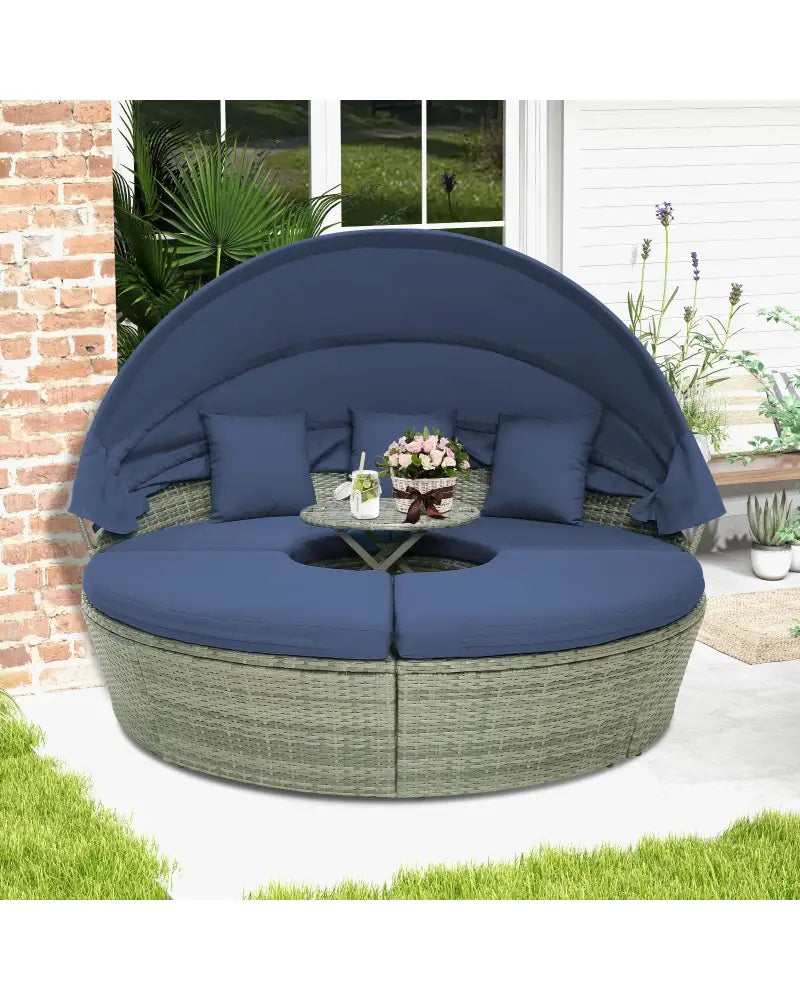 Outdoor PE Wicker Round Daybed with Retractable Canopy and Cushions-Navy - Navy - Outdoor Sectionals