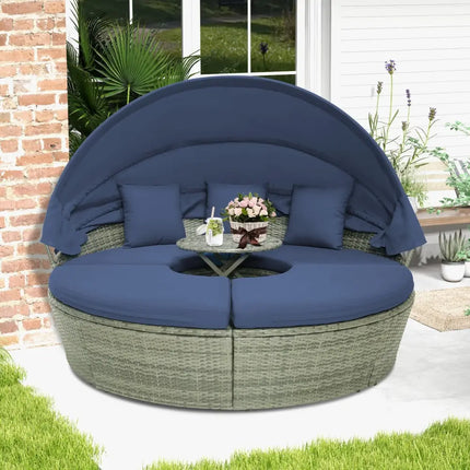 Outdoor PE Wicker Round Daybed with Retractable Canopy and Cushions-Navy - Navy - Outdoor Sectionals