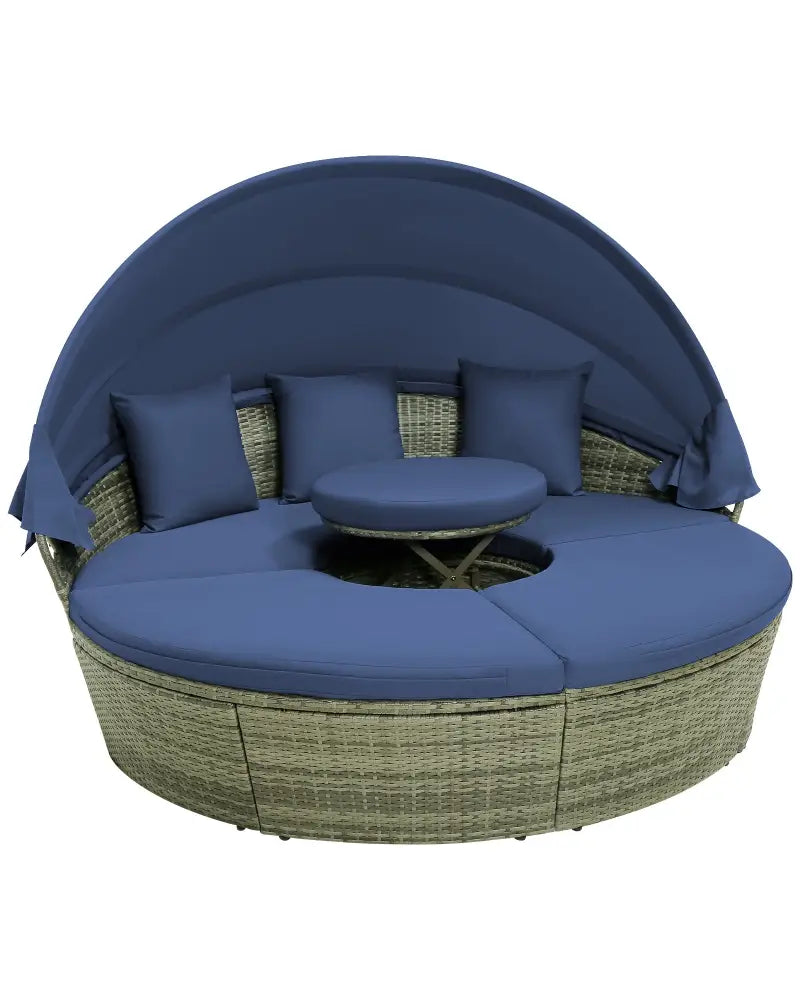 Outdoor PE Wicker Round Daybed with Retractable Canopy and Cushions-Navy - Navy - Outdoor Sectionals