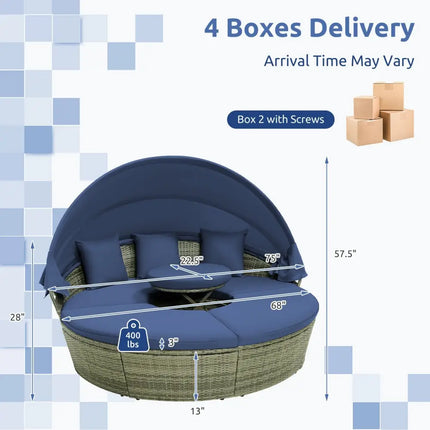 Outdoor PE Wicker Round Daybed with Retractable Canopy and Cushions-Navy - Navy - Outdoor Sectionals