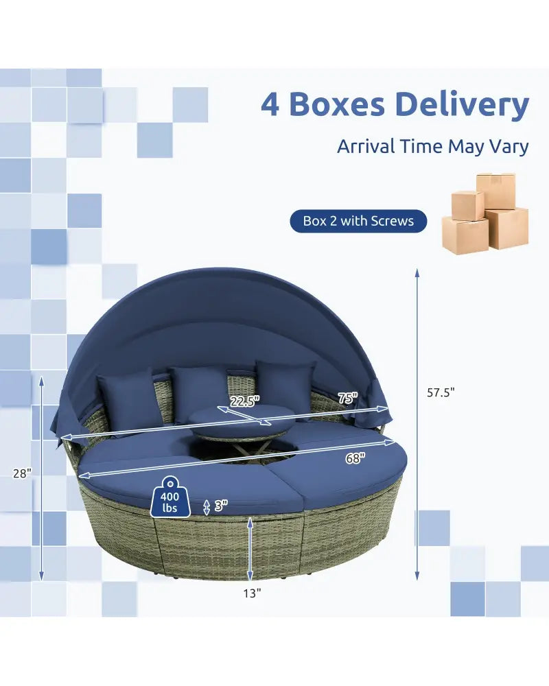 Outdoor PE Wicker Round Daybed with Retractable Canopy and Cushions-Navy - Navy - Outdoor Sectionals