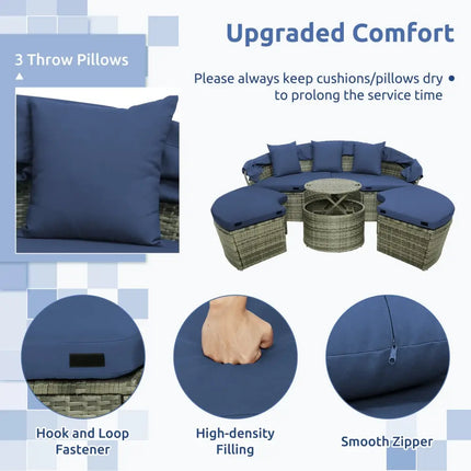Outdoor PE Wicker Round Daybed with Retractable Canopy and Cushions-Navy - Navy - Outdoor Sectionals