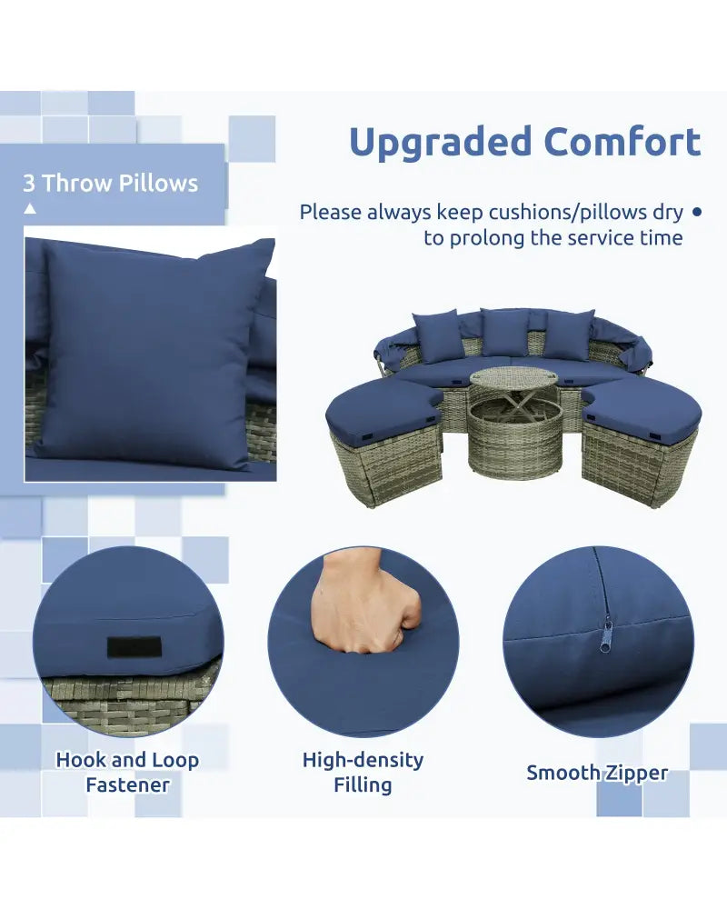 Outdoor PE Wicker Round Daybed with Retractable Canopy and Cushions-Navy - Navy - Outdoor Sectionals