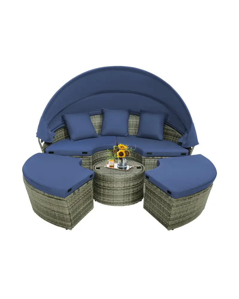 Outdoor PE Wicker Round Daybed with Retractable Canopy and Cushions-Navy - Navy - Outdoor Sectionals