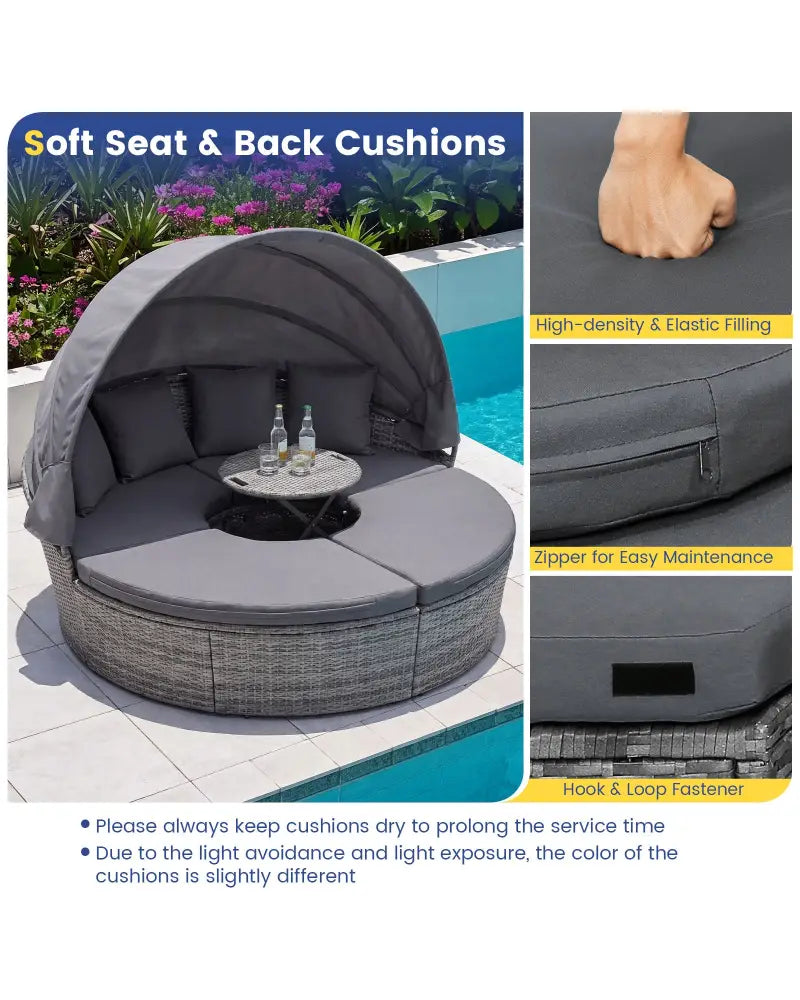 Outdoor PE Wicker Round Daybed with Retractable Canopy and Cushions-Gray - Gray - Outdoor Sectionals