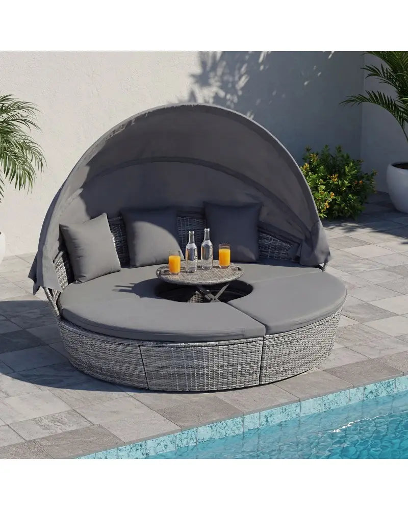 Outdoor PE Wicker Round Daybed with Retractable Canopy and Cushions-Gray - Gray - Outdoor Sectionals