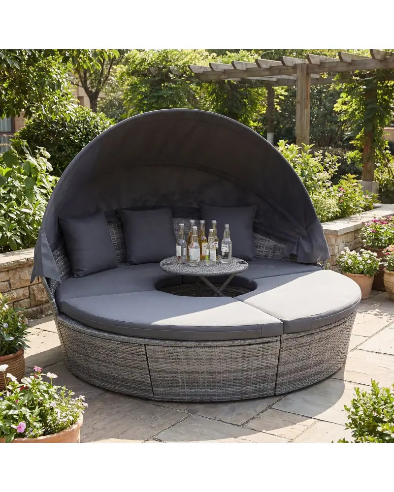Outdoor PE Wicker Round Daybed with Retractable Canopy and Cushions-Gray - Gray - Outdoor Sectionals
