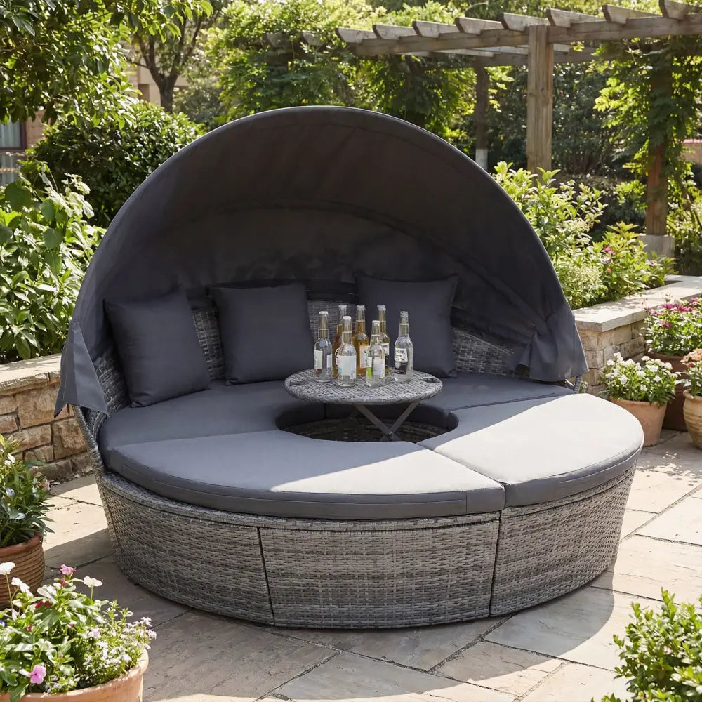 Outdoor PE Wicker Round Daybed with Retractable Canopy and Cushions-Gray - Gray - Outdoor Sectionals