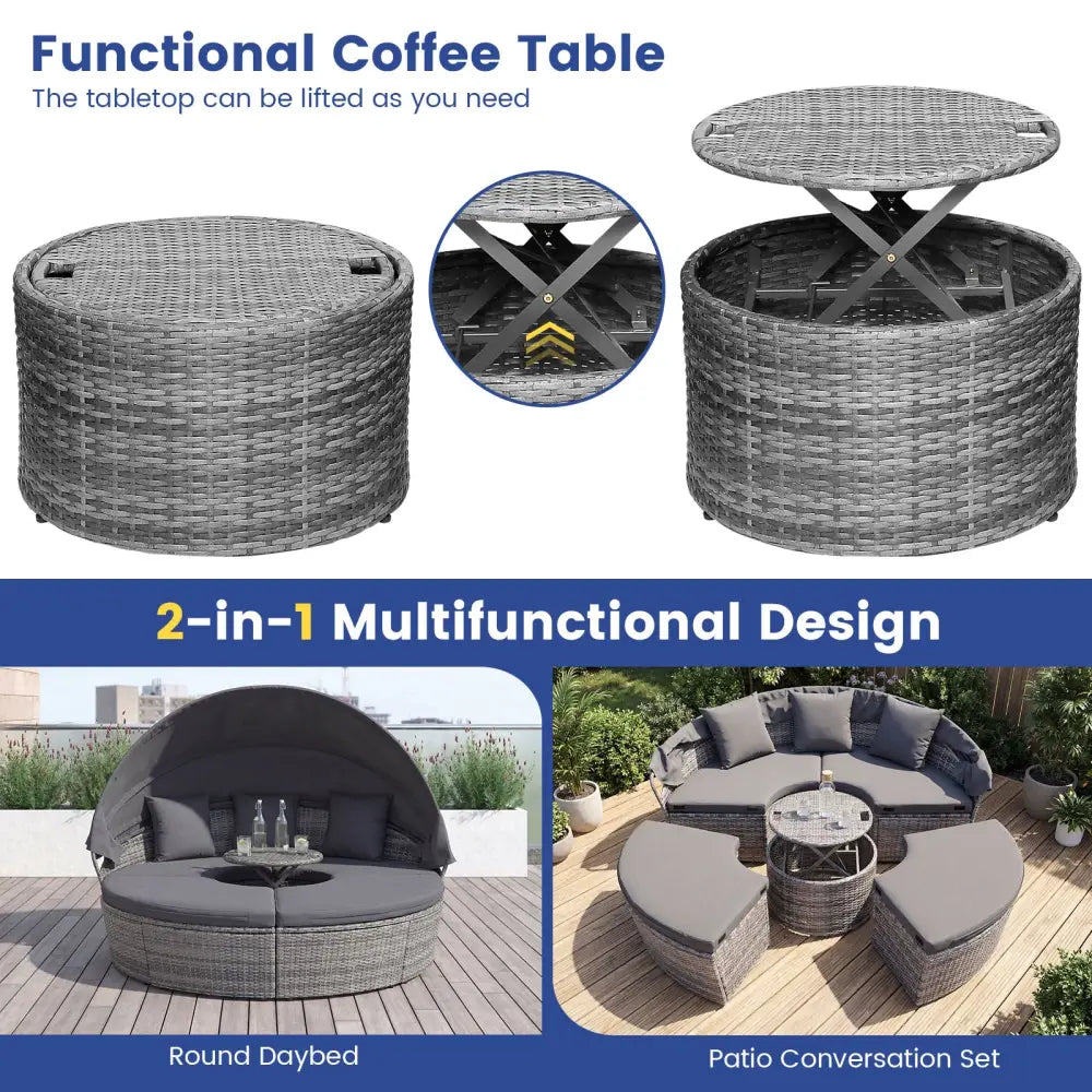 Outdoor PE Wicker Round Daybed with Retractable Canopy and Cushions-Gray - Gray - Outdoor Sectionals