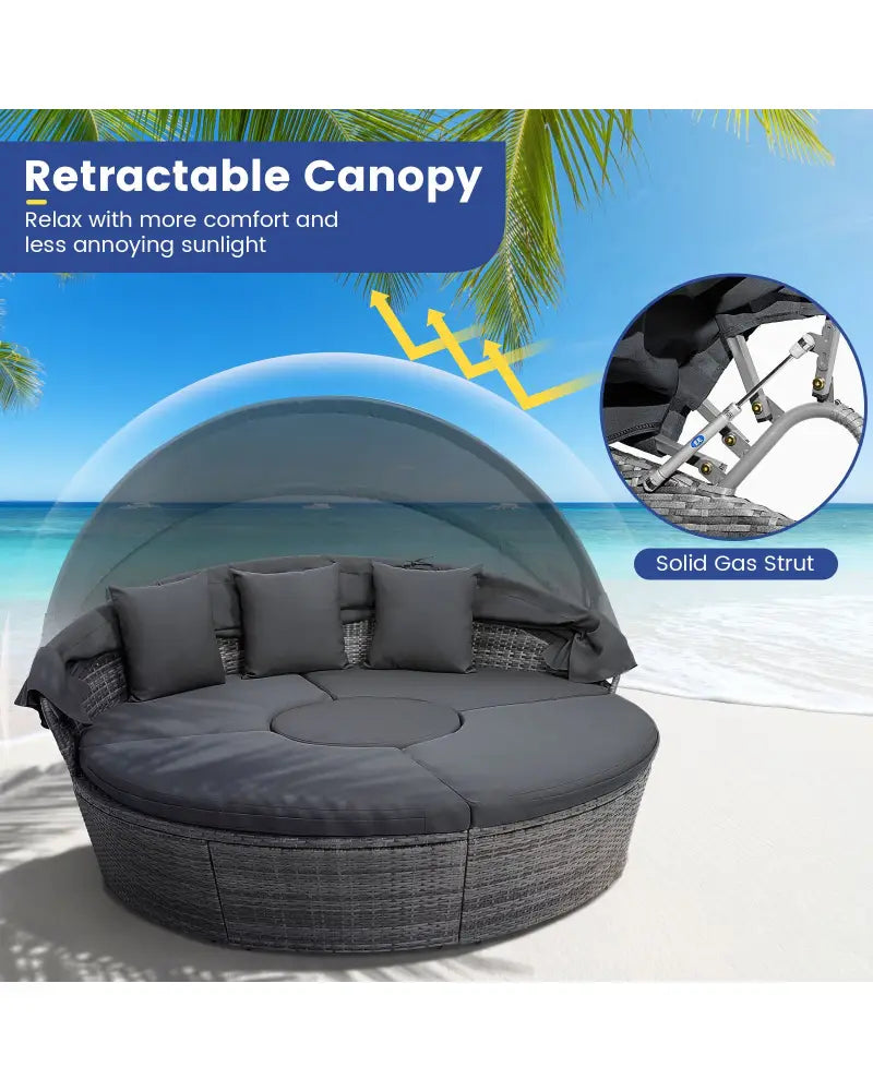 Outdoor PE Wicker Round Daybed with Retractable Canopy and Cushions-Gray - Gray - Outdoor Sectionals