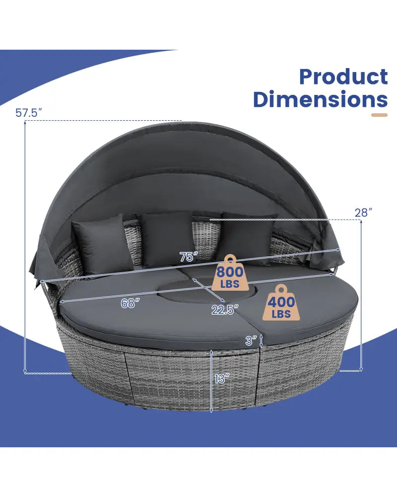 Outdoor PE Wicker Round Daybed with Retractable Canopy and Cushions-Gray - Gray - Outdoor Sectionals