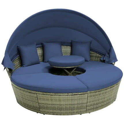 Outdoor PE Wicker Round Daybed with Retractable Canopy and Cushions-Navy - Navy - Outdoor Sectionals