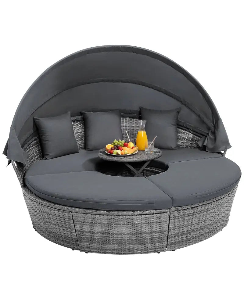 Outdoor PE Wicker Round Daybed with Retractable Canopy and Cushions-Gray - Gray - Outdoor Sectionals