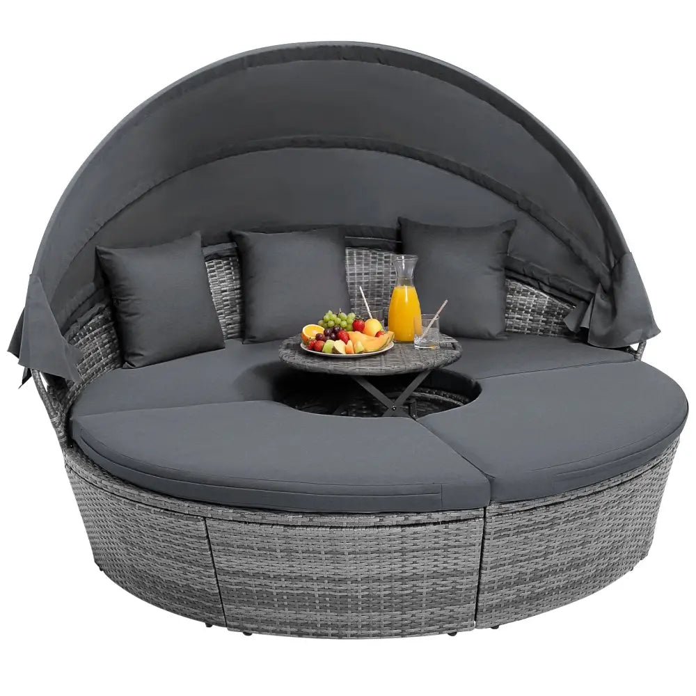 Outdoor PE Wicker Round Daybed with Retractable Canopy and Cushions-Gray - Gray - Outdoor Sectionals
