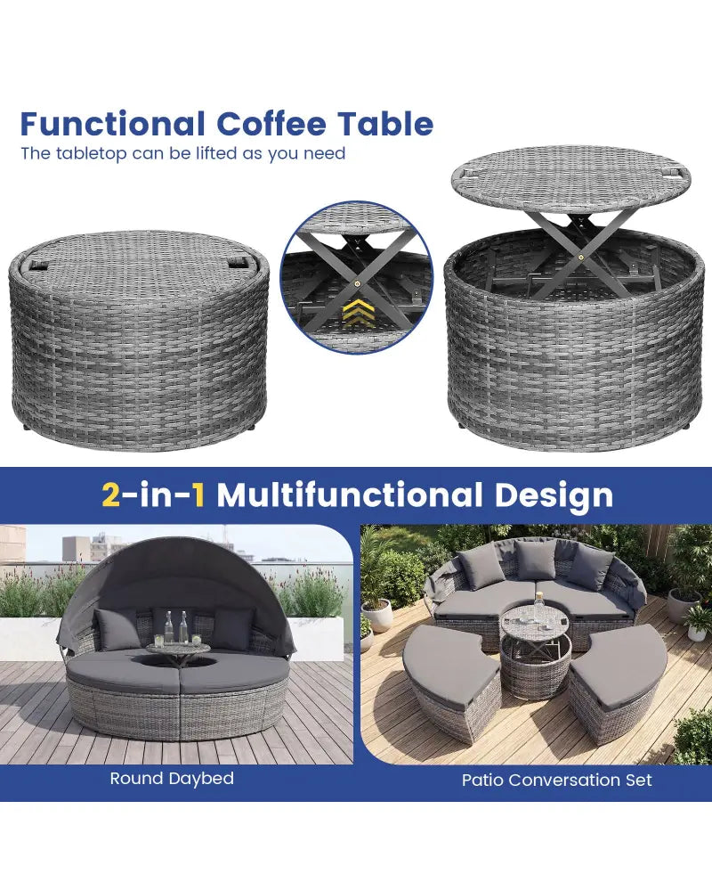 Outdoor PE Wicker Round Daybed with Retractable Canopy and Cushions-Gray - Gray - Outdoor Sectionals