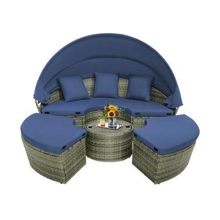 Outdoor PE Wicker Round Daybed with Retractable Canopy and Cushions-Navy - Navy - Outdoor Sectionals