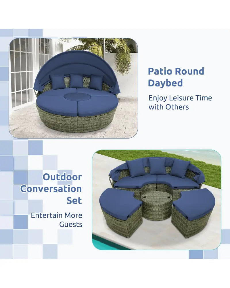Outdoor PE Wicker Round Daybed with Retractable Canopy and Cushions-Navy - Navy - Outdoor Sectionals
