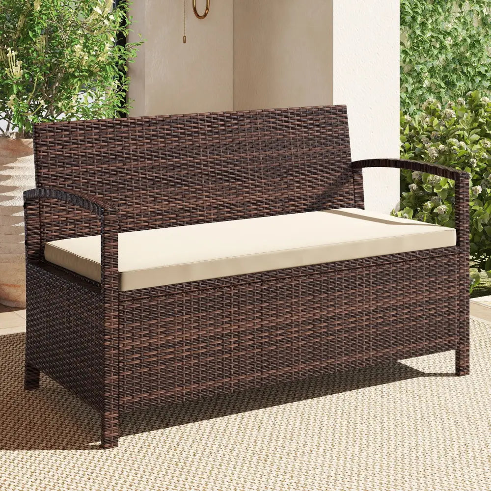 Outdoor PE Wicker Storage Bench 2 Seater with Cushion and 42 Gallon Deck Box-Beige - Beige - Outdoor Benches