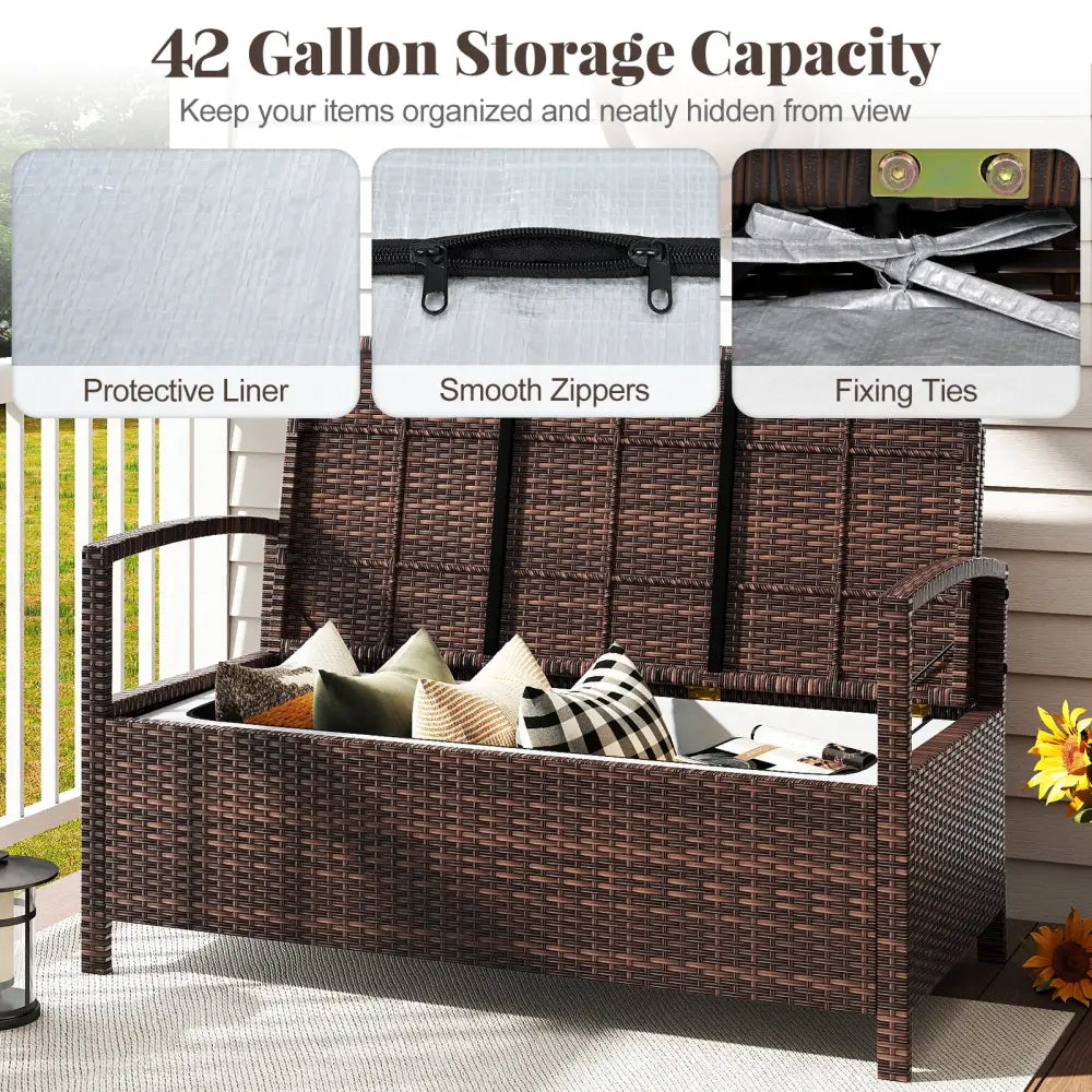 Outdoor PE Wicker Storage Bench 2 Seater with Cushion and 42 Gallon Deck Box-Beige - Beige - Outdoor Benches