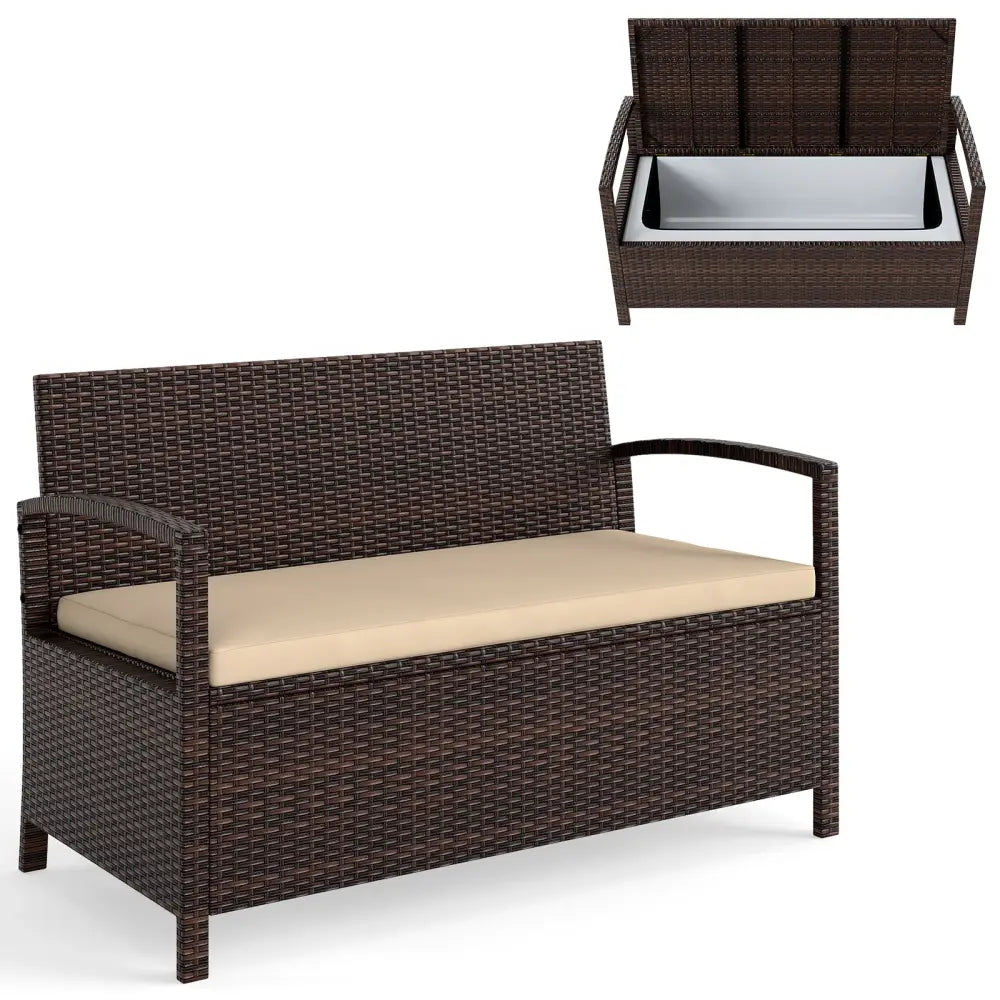 Outdoor PE Wicker Storage Bench 2 Seater with Cushion and 42 Gallon Deck Box-Beige - Beige - Outdoor Benches