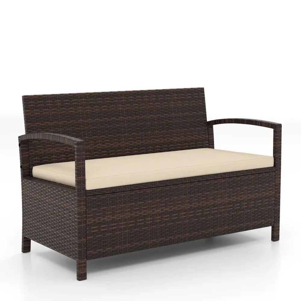 Outdoor PE Wicker Storage Bench 2 Seater with Cushion and 42 Gallon Deck Box-Beige - Beige - Outdoor Benches