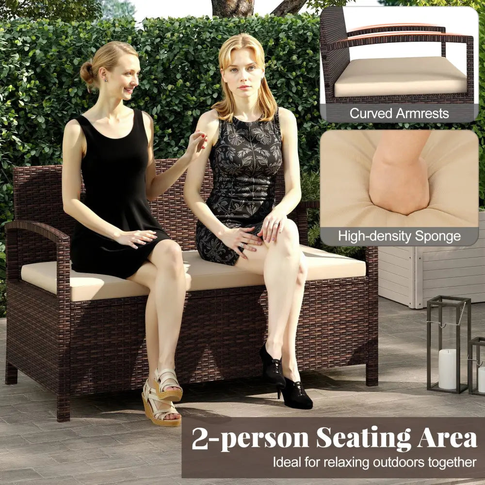 Outdoor PE Wicker Storage Bench 2 Seater with Cushion and 42 Gallon Deck Box-Beige - Beige - Outdoor Benches