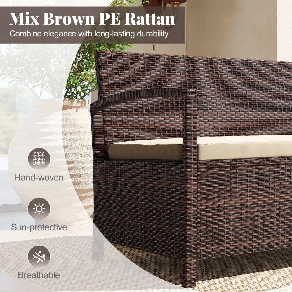 Outdoor PE Wicker Storage Bench 2 Seater with Cushion and 42 Gallon Deck Box-Beige - Beige - Outdoor Benches