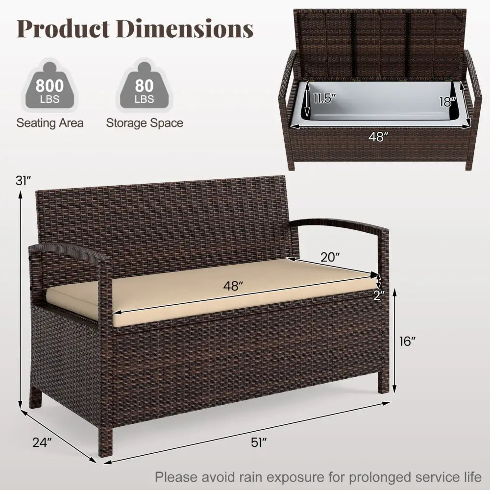 Outdoor PE Wicker Storage Bench 2 Seater with Cushion and 42 Gallon Deck Box-Beige - Beige - Outdoor Benches