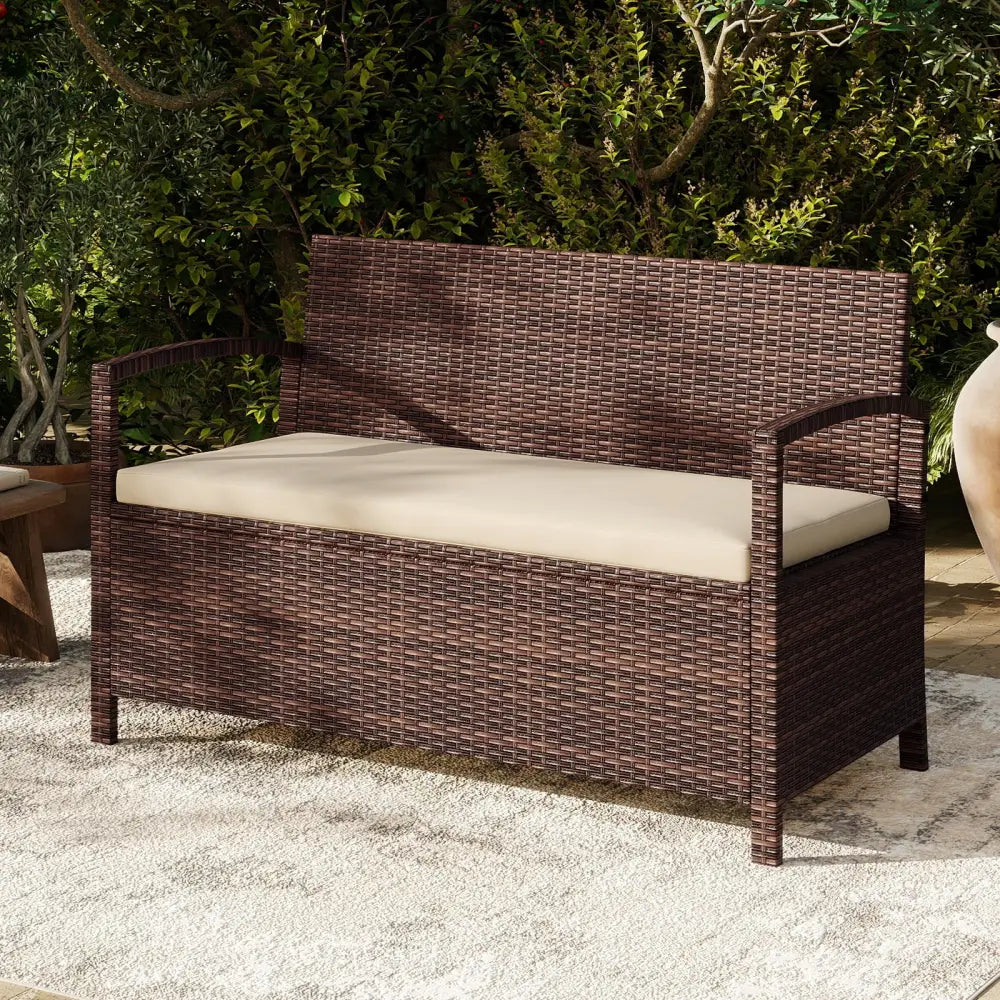 Outdoor PE Wicker Storage Bench 2 Seater with Cushion and 42 Gallon Deck Box-Beige - Beige - Outdoor Benches