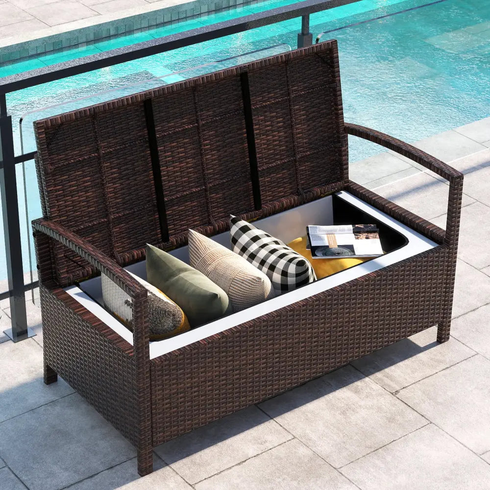 Outdoor PE Wicker Storage Bench 2 Seater with Cushion and 42 Gallon Deck Box-Beige - Beige - Outdoor Benches