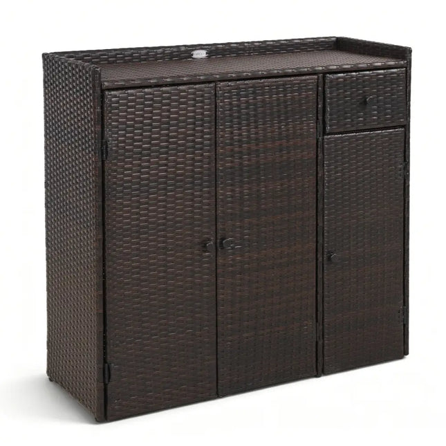 Outdoor PE Wicker Storage Cabinet with 3 Doors and Adjustable Shelves and Drawer-Brown - Brown - Sheds & Outdoor Storage