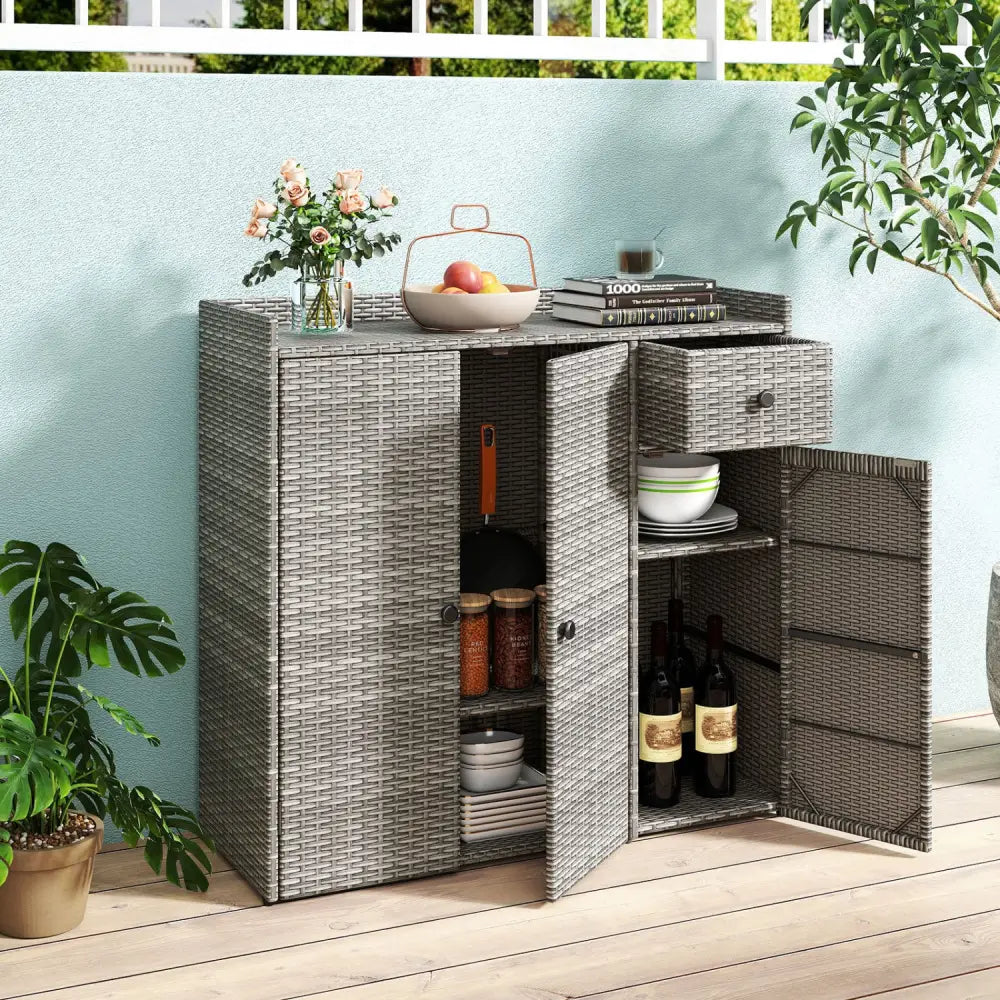 Outdoor PE Wicker Storage Cabinet with 3 Doors and Adjustable Shelves and Drawer-Gray - Gray - Sheds & Outdoor Storage