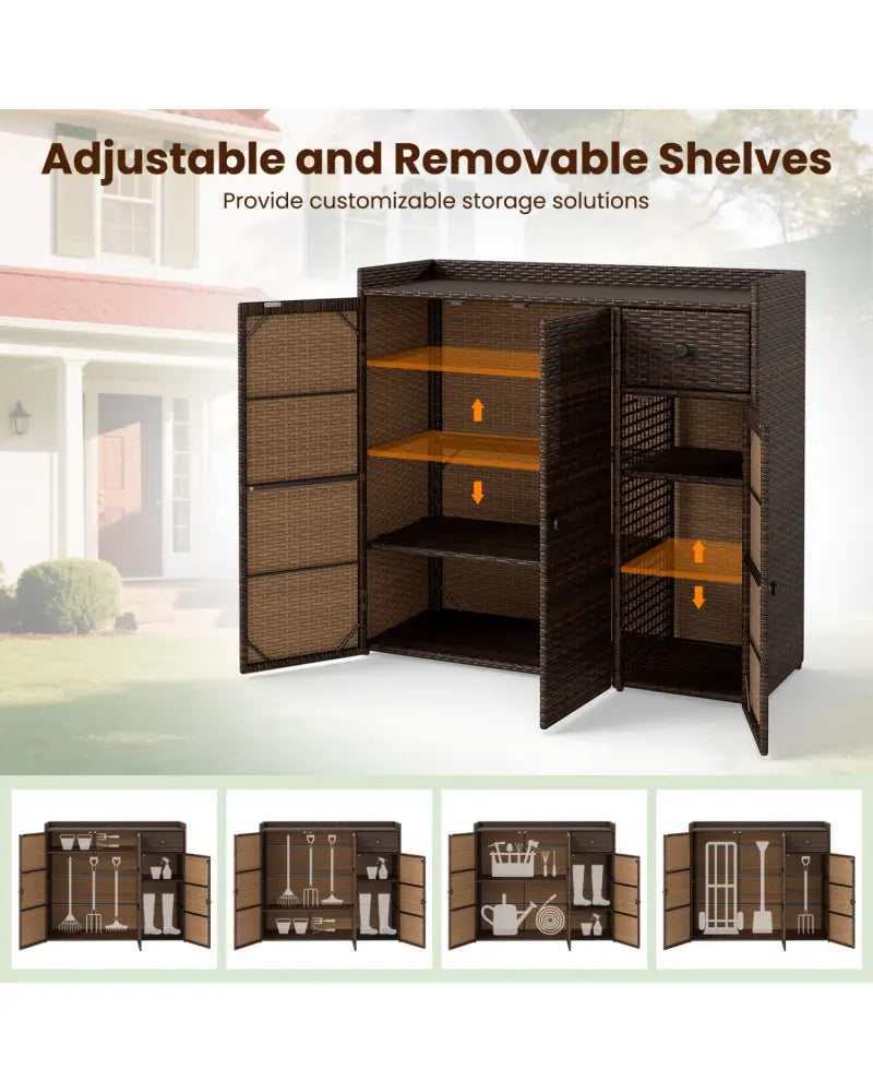 Outdoor PE Wicker Storage Cabinet with 3 Doors and Adjustable Shelves and Drawer-Brown - Brown - Sheds & Outdoor Storage