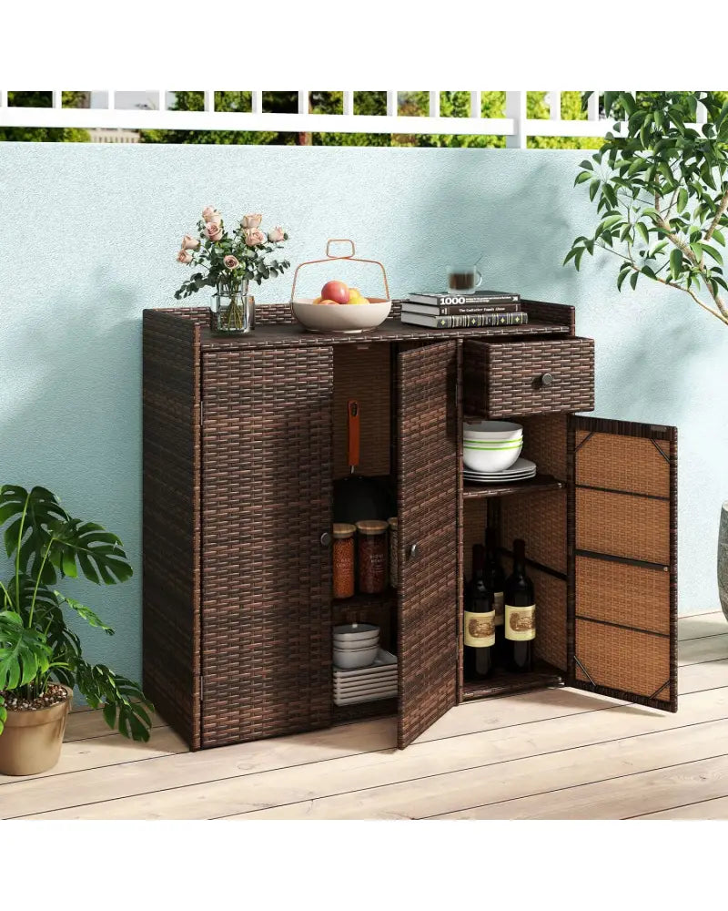 Outdoor PE Wicker Storage Cabinet with 3 Doors and Adjustable Shelves and Drawer-Brown - Brown - Sheds & Outdoor Storage