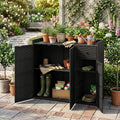 Outdoor PE Wicker Storage Cabinet with 3 Doors and Adjustable Shelves and Drawer-Black - Black - Sheds & Outdoor Storage