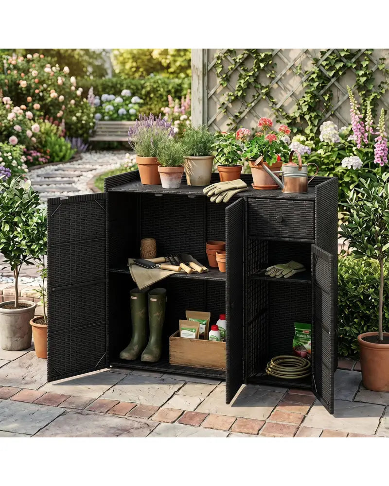Outdoor PE Wicker Storage Cabinet with 3 Doors and Adjustable Shelves and Drawer-Black - Black - Sheds & Outdoor Storage