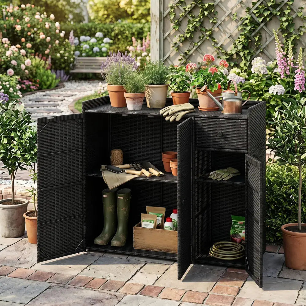 Outdoor PE Wicker Storage Cabinet with 3 Doors and Adjustable Shelves and Drawer-Black - Black - Sheds & Outdoor Storage
