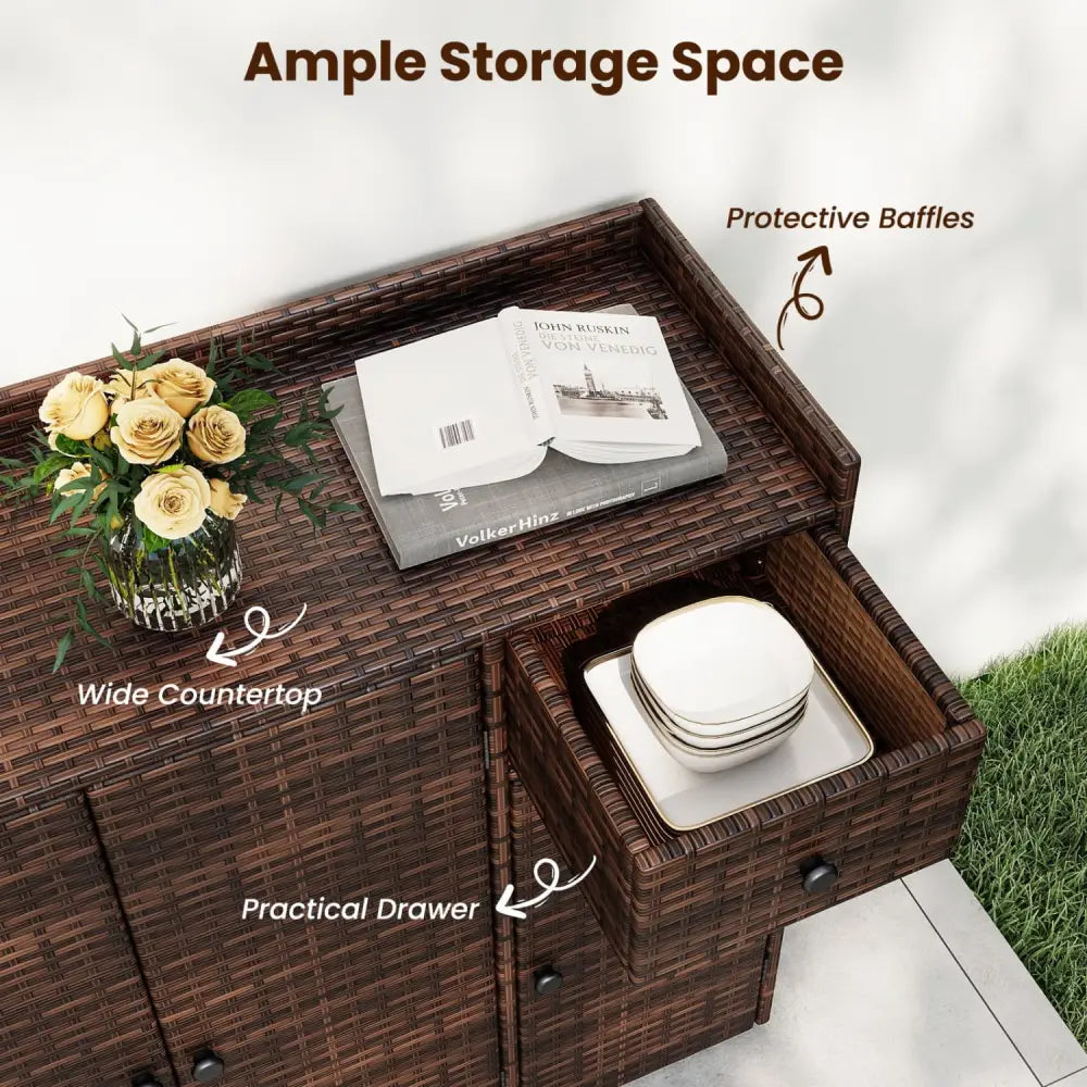 Outdoor PE Wicker Storage Cabinet with 3 Doors and Adjustable Shelves and Drawer-Brown - Brown - Sheds & Outdoor Storage