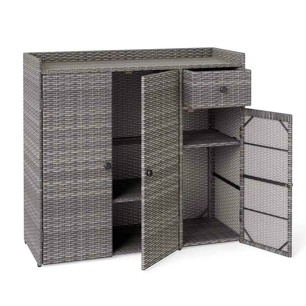 Outdoor PE Wicker Storage Cabinet with 3 Doors and Adjustable Shelves and Drawer-Gray - Gray - Sheds & Outdoor Storage