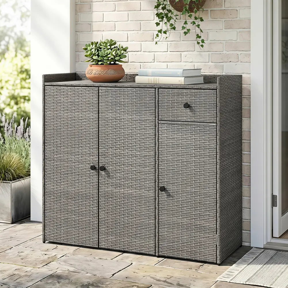 Outdoor PE Wicker Storage Cabinet with 3 Doors and Adjustable Shelves and Drawer-Gray - Gray - Sheds & Outdoor Storage