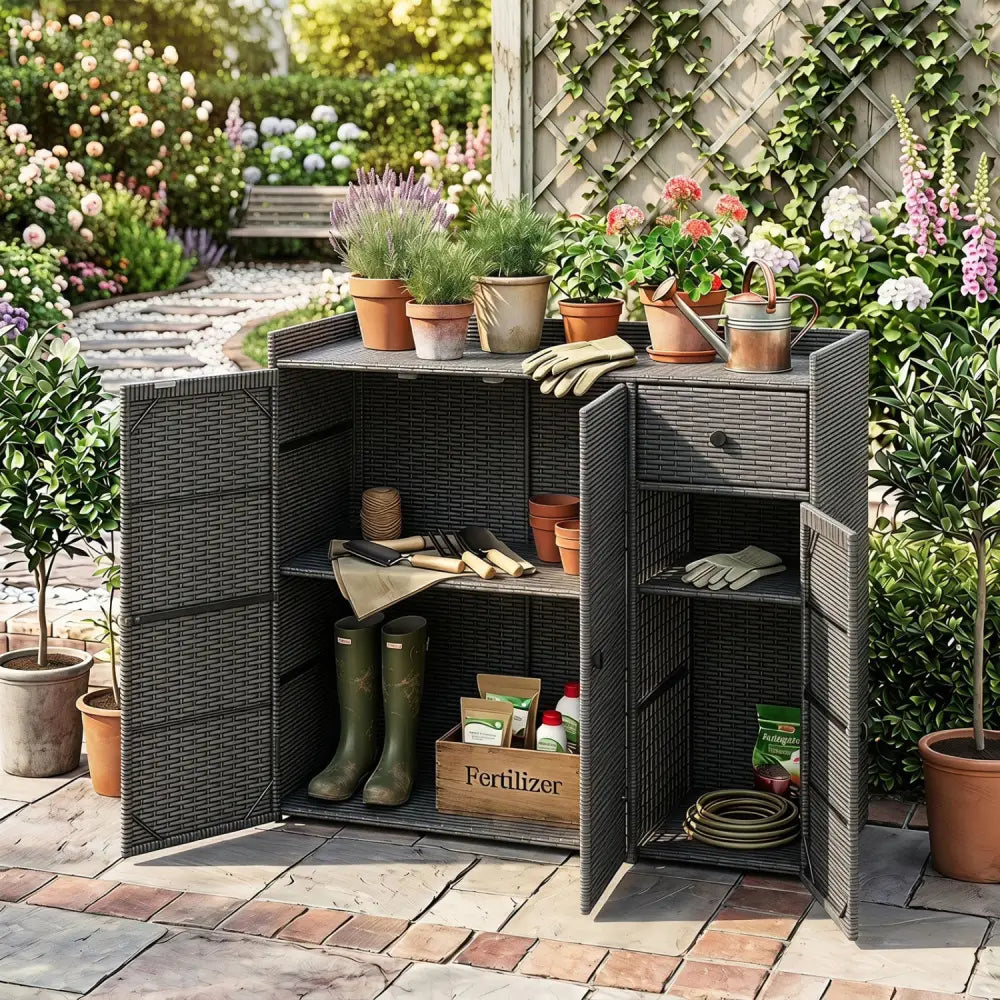 Outdoor PE Wicker Storage Cabinet with 3 Doors and Adjustable Shelves and Drawer-Gray - Gray - Sheds & Outdoor Storage