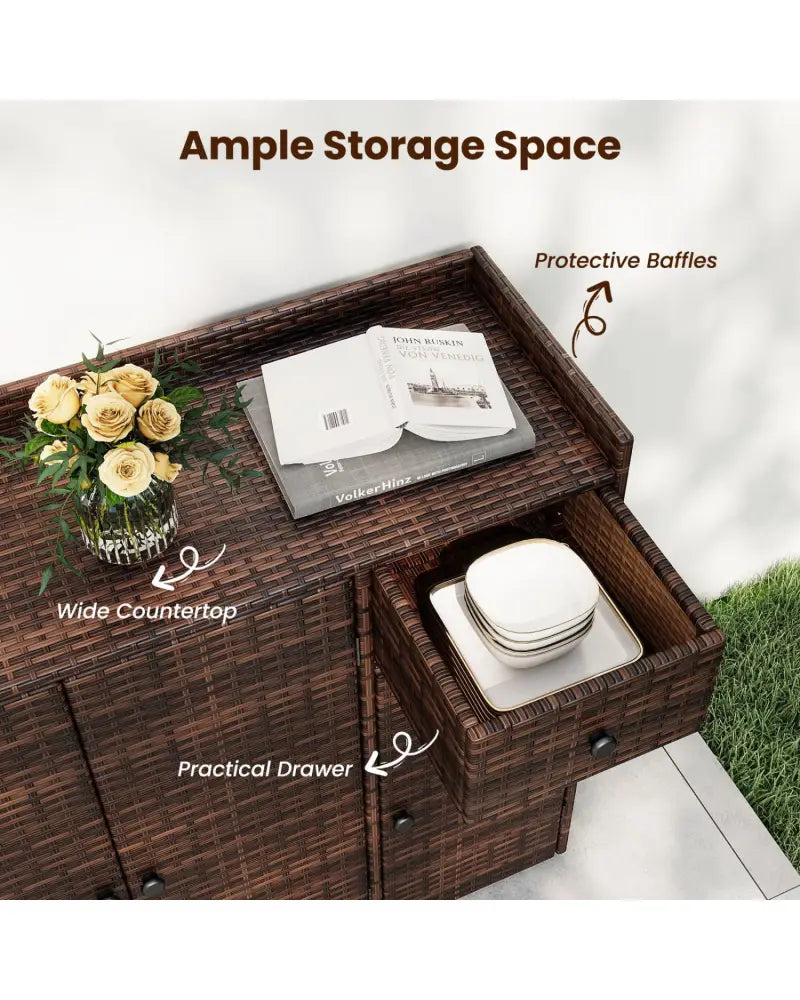 Outdoor PE Wicker Storage Cabinet with 3 Doors and Adjustable Shelves and Drawer-Brown - Brown - Sheds & Outdoor Storage