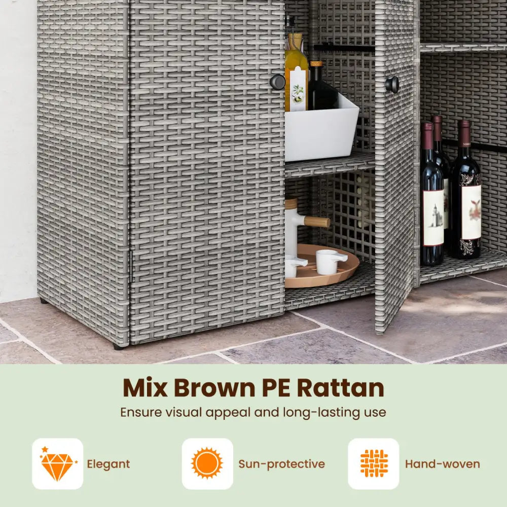 Outdoor PE Wicker Storage Cabinet with 3 Doors and Adjustable Shelves and Drawer-Gray - Gray - Sheds & Outdoor Storage