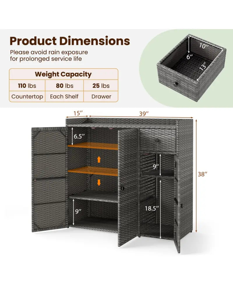 Outdoor PE Wicker Storage Cabinet with 3 Doors and Adjustable Shelves and Drawer-Gray - Gray - Sheds & Outdoor Storage