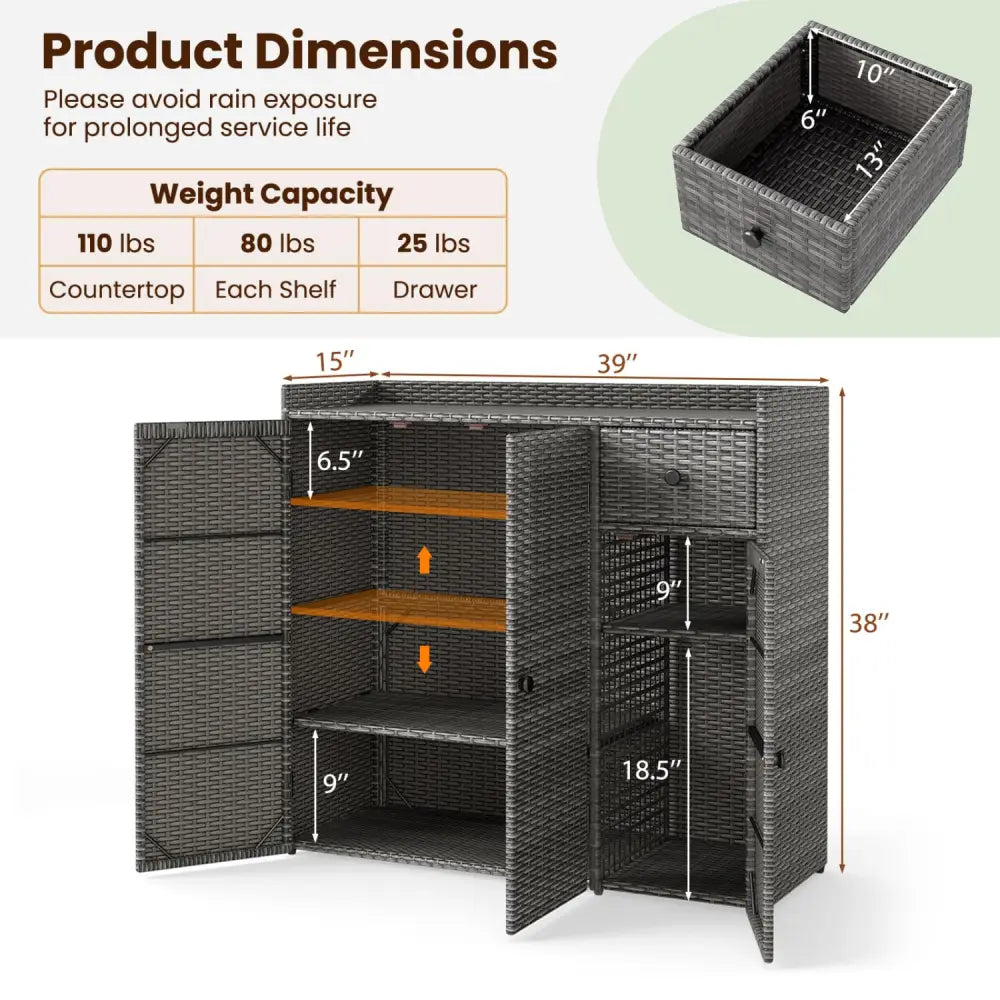 Outdoor PE Wicker Storage Cabinet with 3 Doors and Adjustable Shelves and Drawer-Gray - Gray - Sheds & Outdoor Storage
