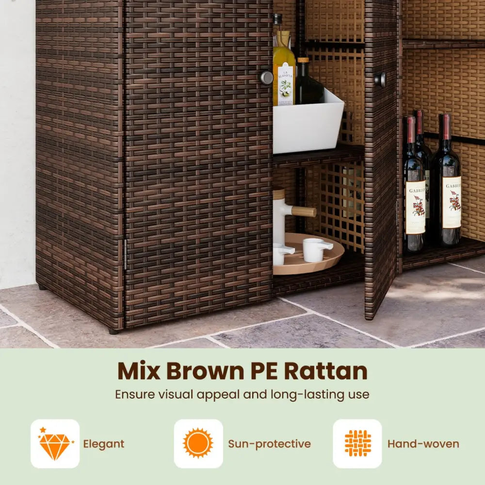Outdoor PE Wicker Storage Cabinet with 3 Doors and Adjustable Shelves and Drawer-Brown - Brown - Sheds & Outdoor Storage