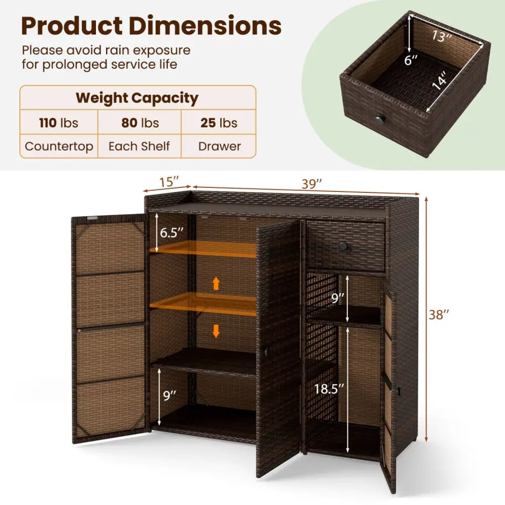 Outdoor PE Wicker Storage Cabinet with 3 Doors and Adjustable Shelves and Drawer-Brown - Brown - Sheds & Outdoor Storage
