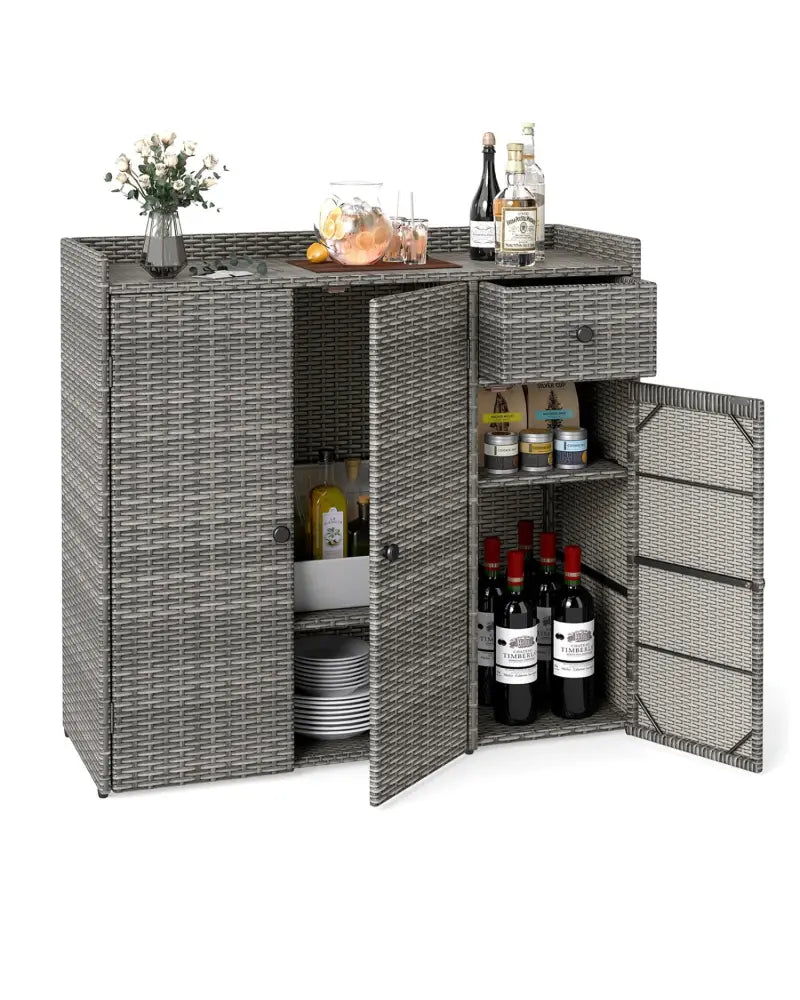 Outdoor PE Wicker Storage Cabinet with 3 Doors and Adjustable Shelves and Drawer-Gray - Gray - Sheds & Outdoor Storage