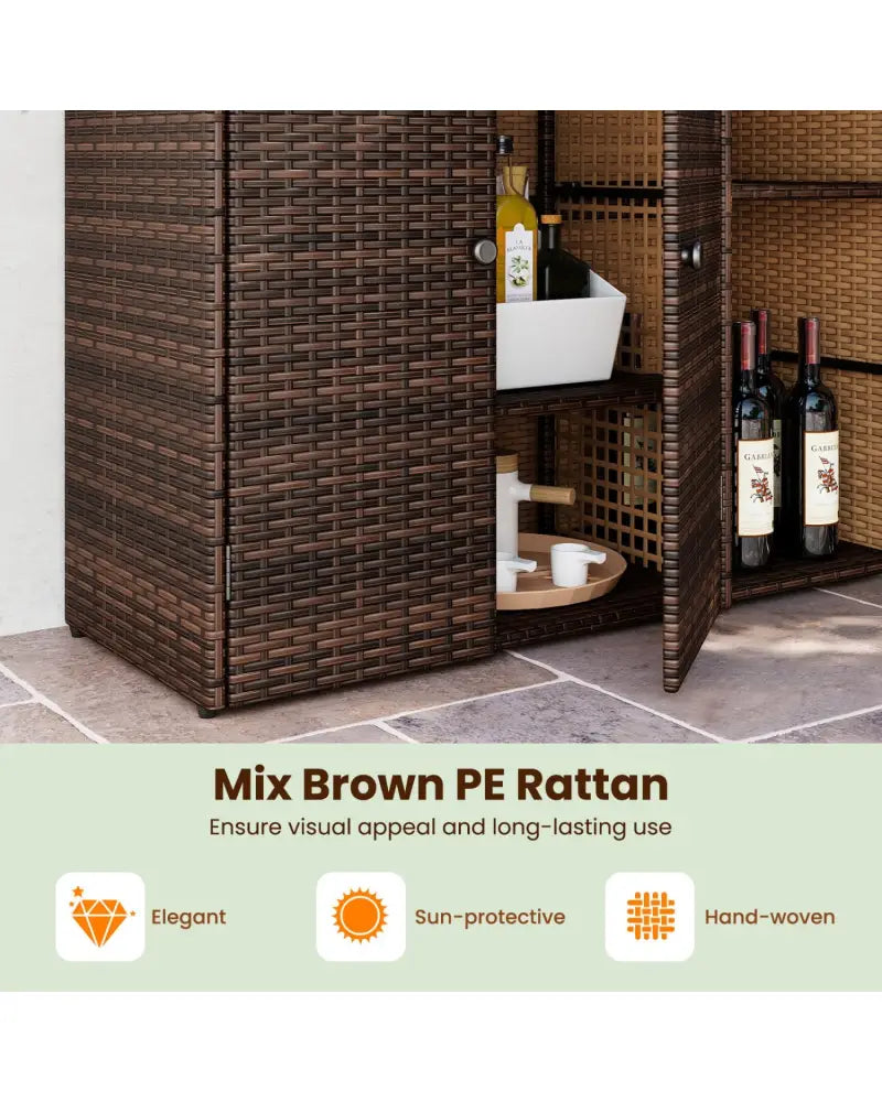 Outdoor PE Wicker Storage Cabinet with 3 Doors and Adjustable Shelves and Drawer-Brown - Brown - Sheds & Outdoor Storage